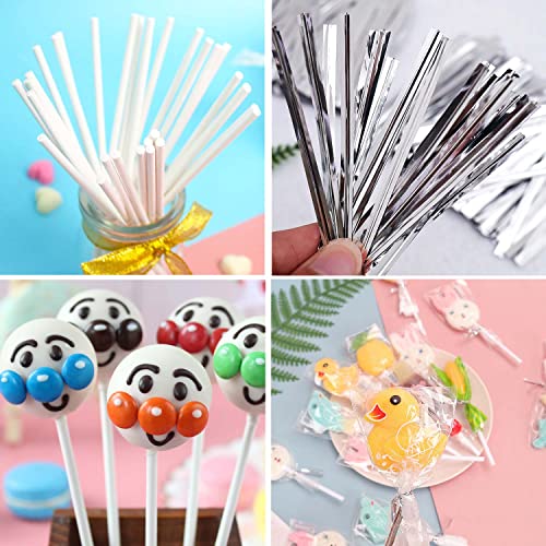 100 Pieces Silver Lollipop Cake Pop Treat Bag Set Including Parcel Bags, 100pcs Papery Treat Sticks, 100pcs Colorful Metallic Twist Ties for Making Lollipops, Cake Pops, Candies, Chocolates and Cookies