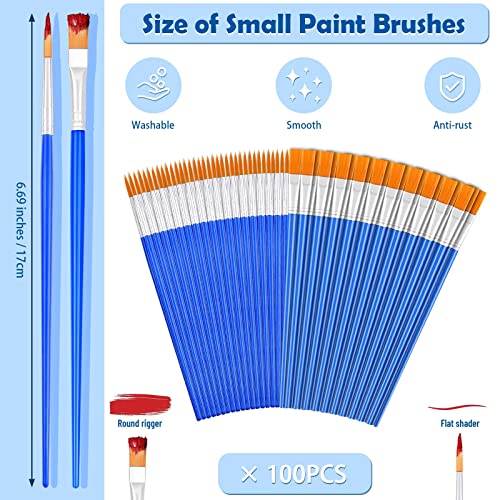 100 Pcs Small Paint Brushes Bulk,  Paint Brushes for Kids Acrylic Paint Brushes Set with Flat and Round Pointed Paint Brushes Craft Paint Brushes for Classroom Watercolor Canvas Face Painting