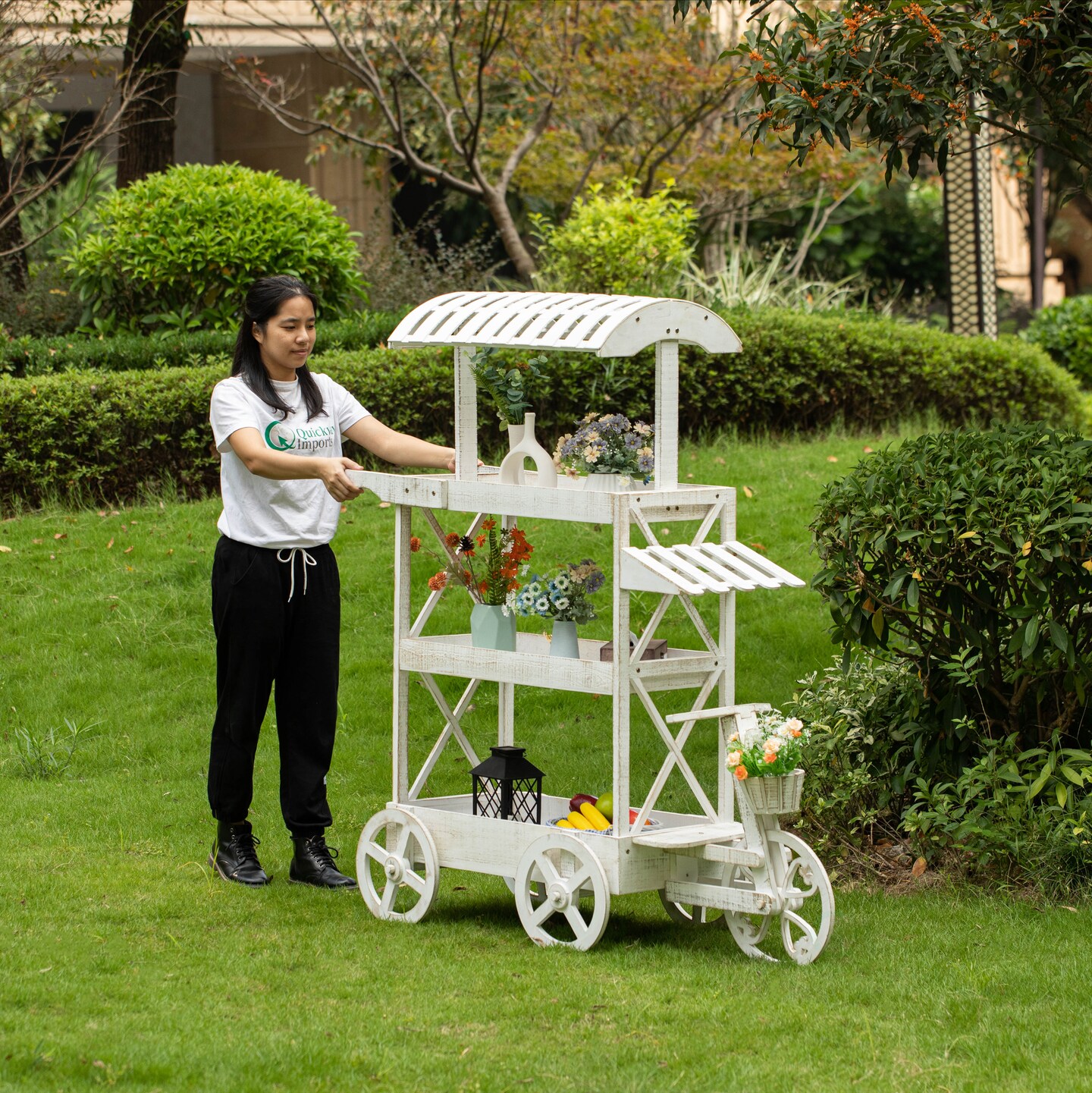 White Wood Decor Display Rack Mobile Food Cart with Wheels 3 Tier for Display, Wood Wagon with Shelves for Food and More