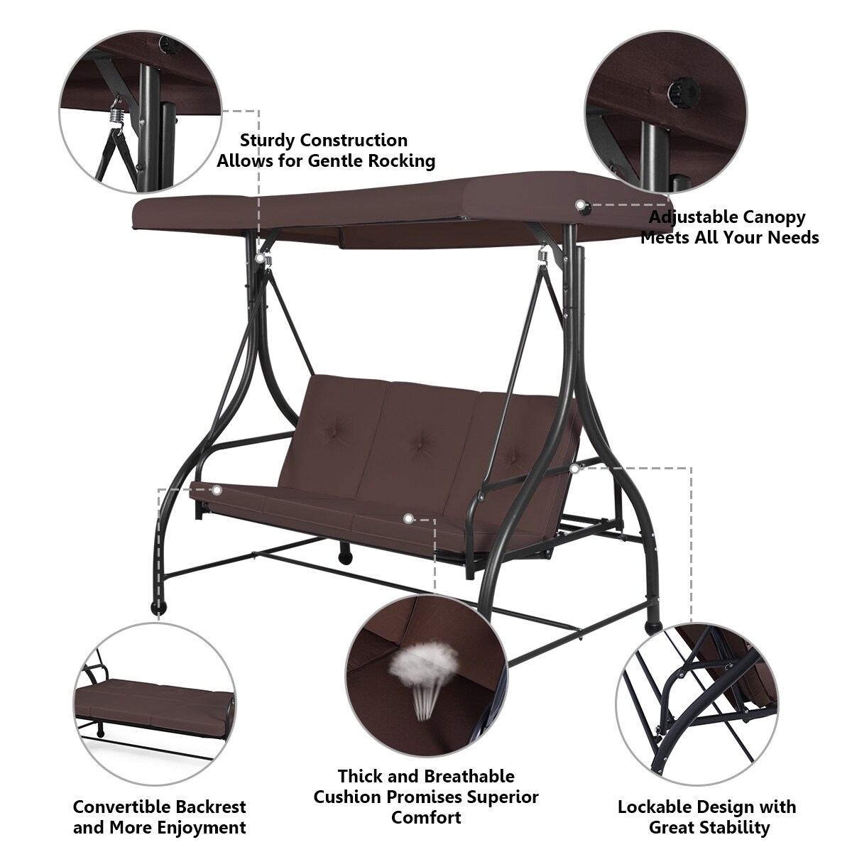 3 Seats Converting Outdoor Swing Canopy Hammock with Adjustable Tilt Canopy