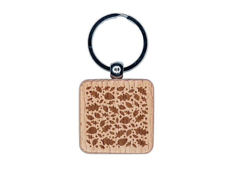 Falling Leaves Engraved Wood Square Keychain Tag Charm