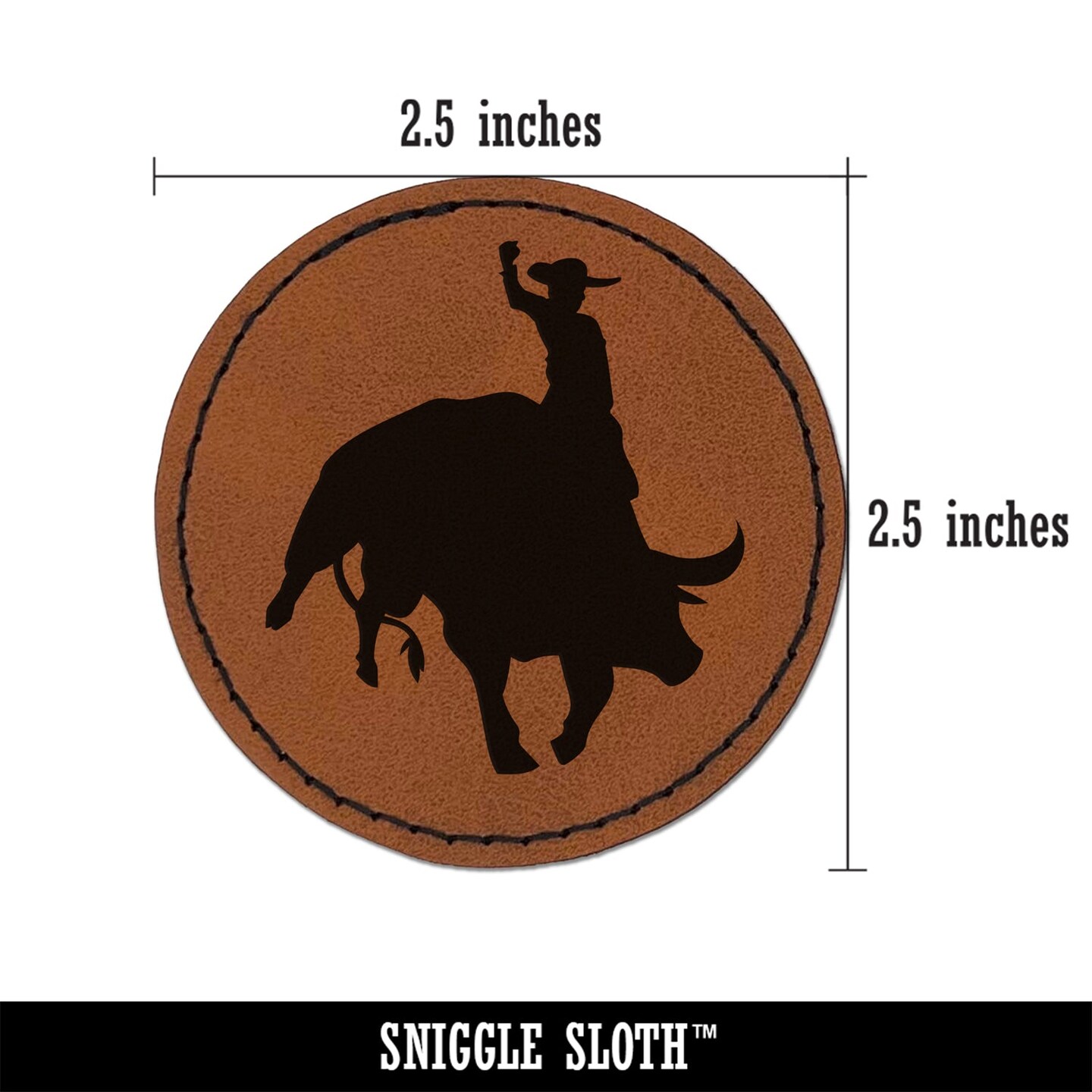 Rodeo Cowboy Riding on Bucking Bull Round Iron-On Engraved Faux Leather Patch Applique - 2.5&#x22;