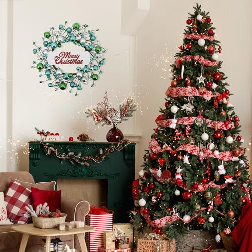 20 inches Christmas Winter Wreath for Front Door, Artificial Door Wreath with Welcome Sign and Ornaments, Xmas Wreath for Window Wall Fireplace Farmhouse Holiday Party Decoration