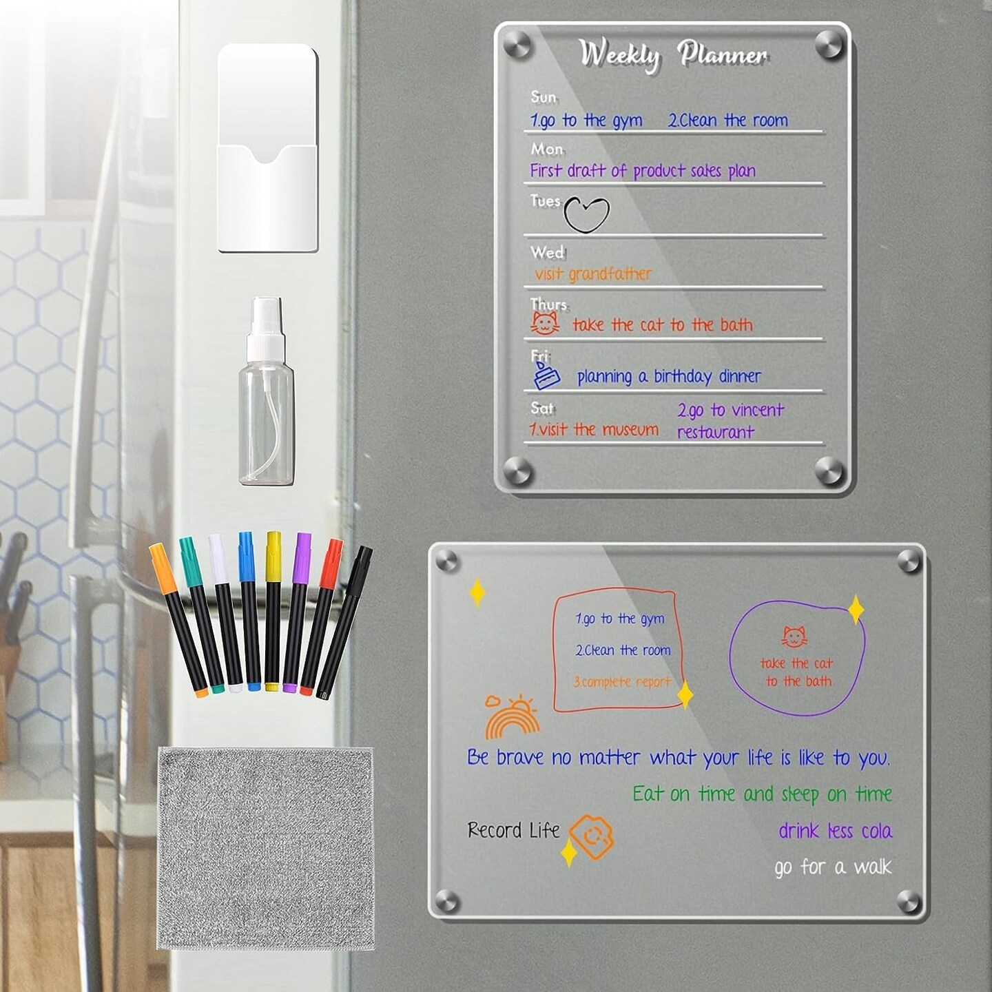 Danoni Acrylic Magnetic Calendar for Fridge and Wall, Dry Erase Board with 8 Markers and Free Accessories (2 Pack)