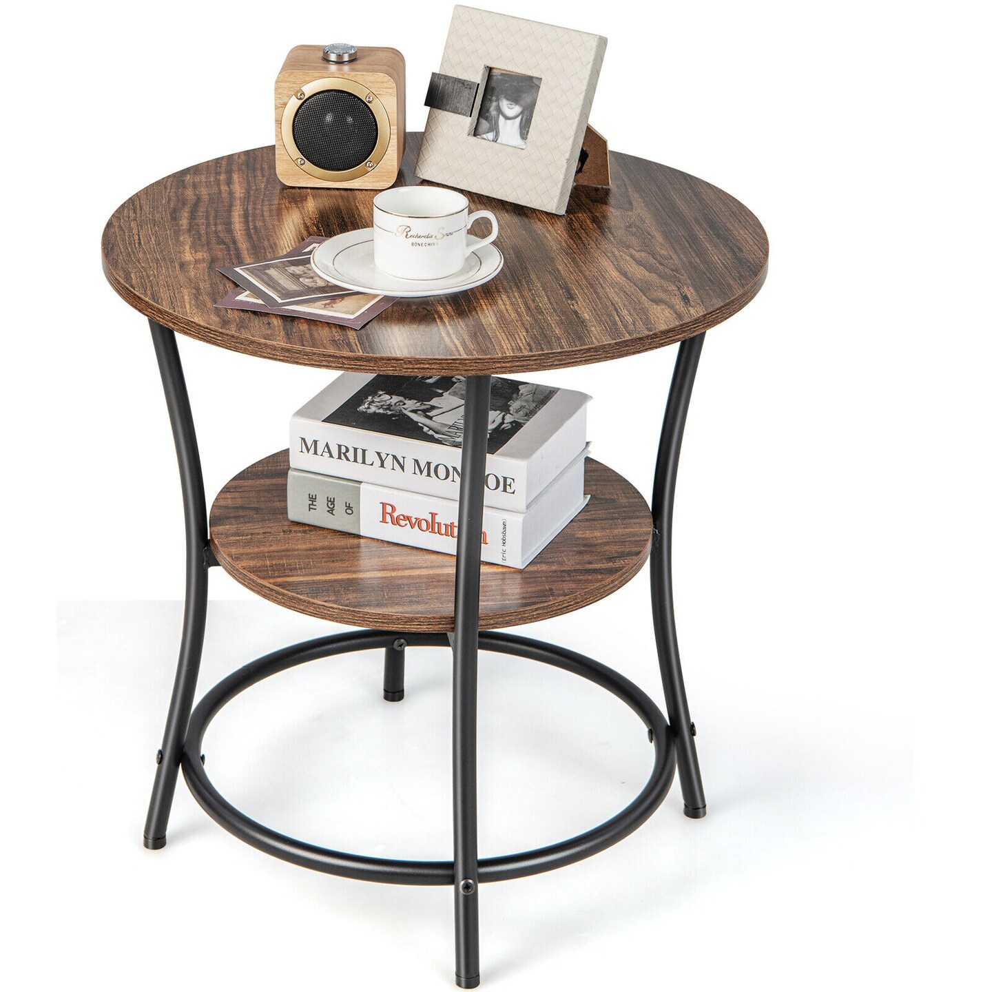 Round End Table with Open Storage Shelf and Sturdy Metal Frame