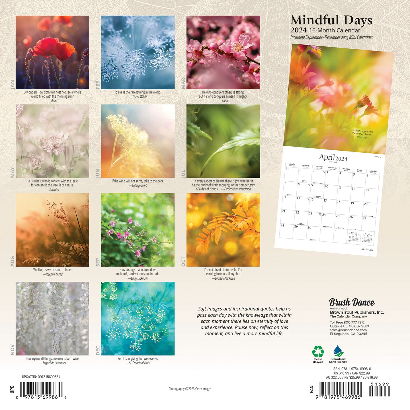 Mindful Days | 2024 12 x 24 Inch Monthly Square Wall Calendar | Brush Dance | Art Paintings Inspirational Quotes