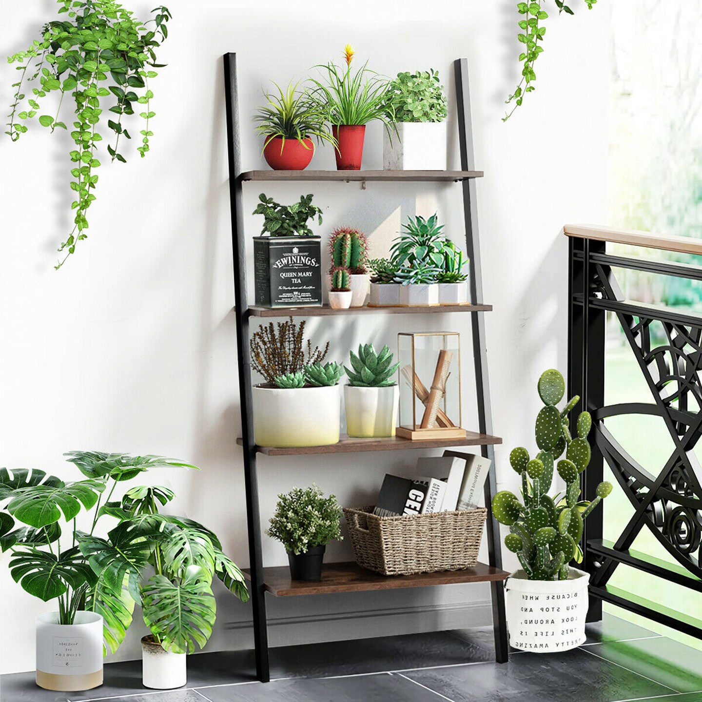 Costway Industrial Ladder Shelf 4-Tier Leaning Wall Bookcase Plant Stand Rustic Black/Brown