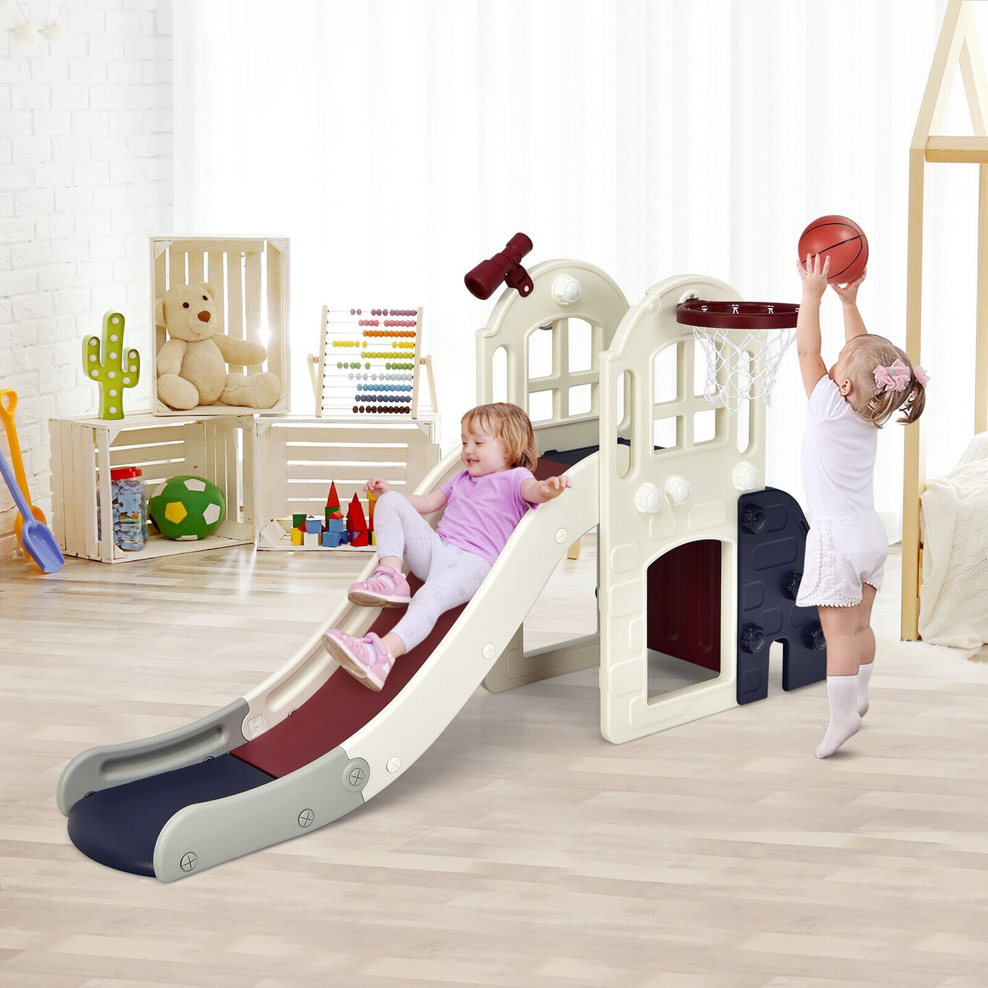 6-In-1 Large Slide for Kids Toddler Climber Slide Playset with Basketball Hoop