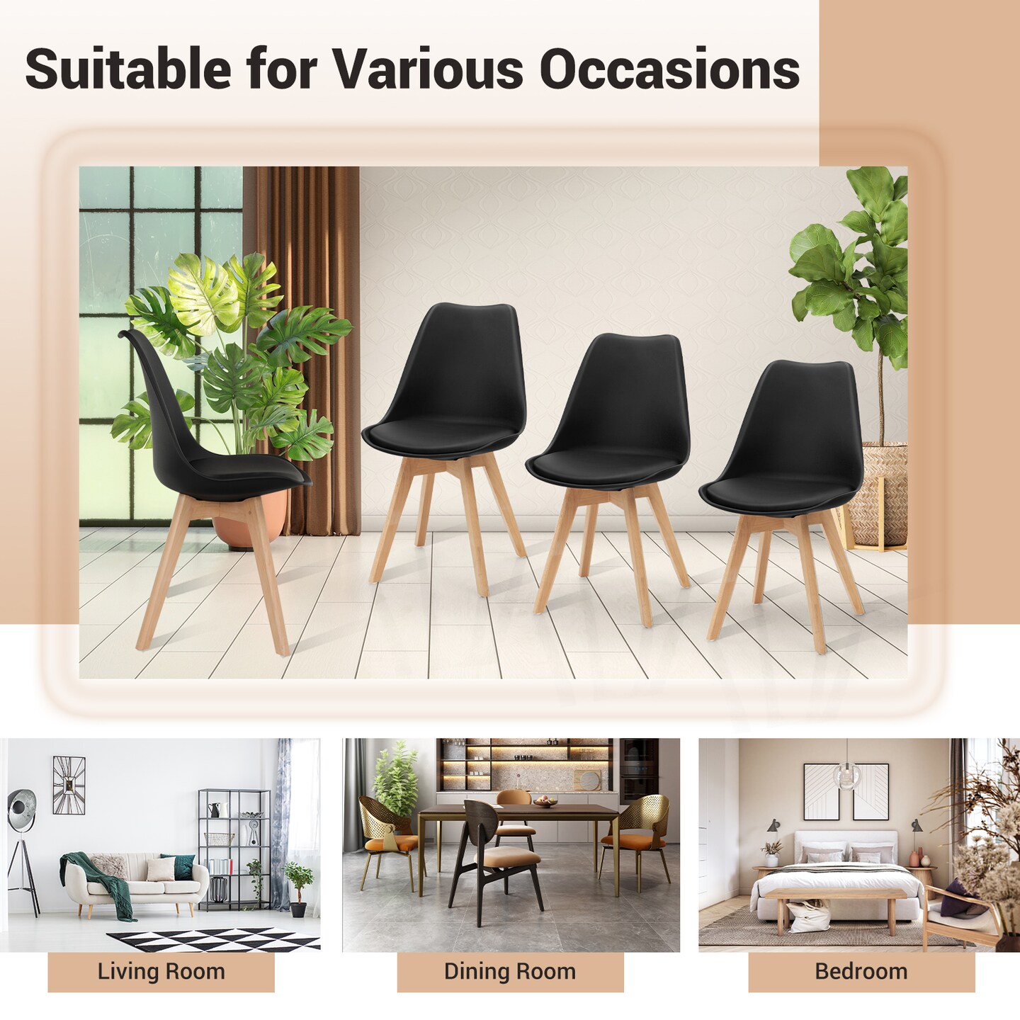 Set of 4 High Backrest Dining Side Chair with Ergonomic Seat and Solid wood Legs