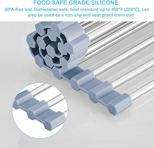 Roll Up Dish Drying Rack, Roll Over The Sink Dish Drying Rack Kitchen Rolling Dish Drainer, Foldable Sink Rack Mat Stainless Steel Wire Dish Drying Rack for Kitchen Sink Counter (17.5''x11.8'')