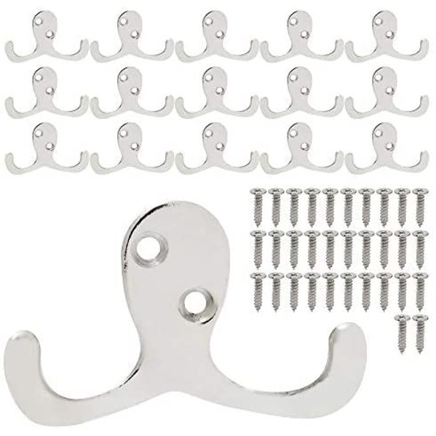 Wall Mounted Double Prong Coat Hooks (2.76 x 1.8 in, Silver, 16