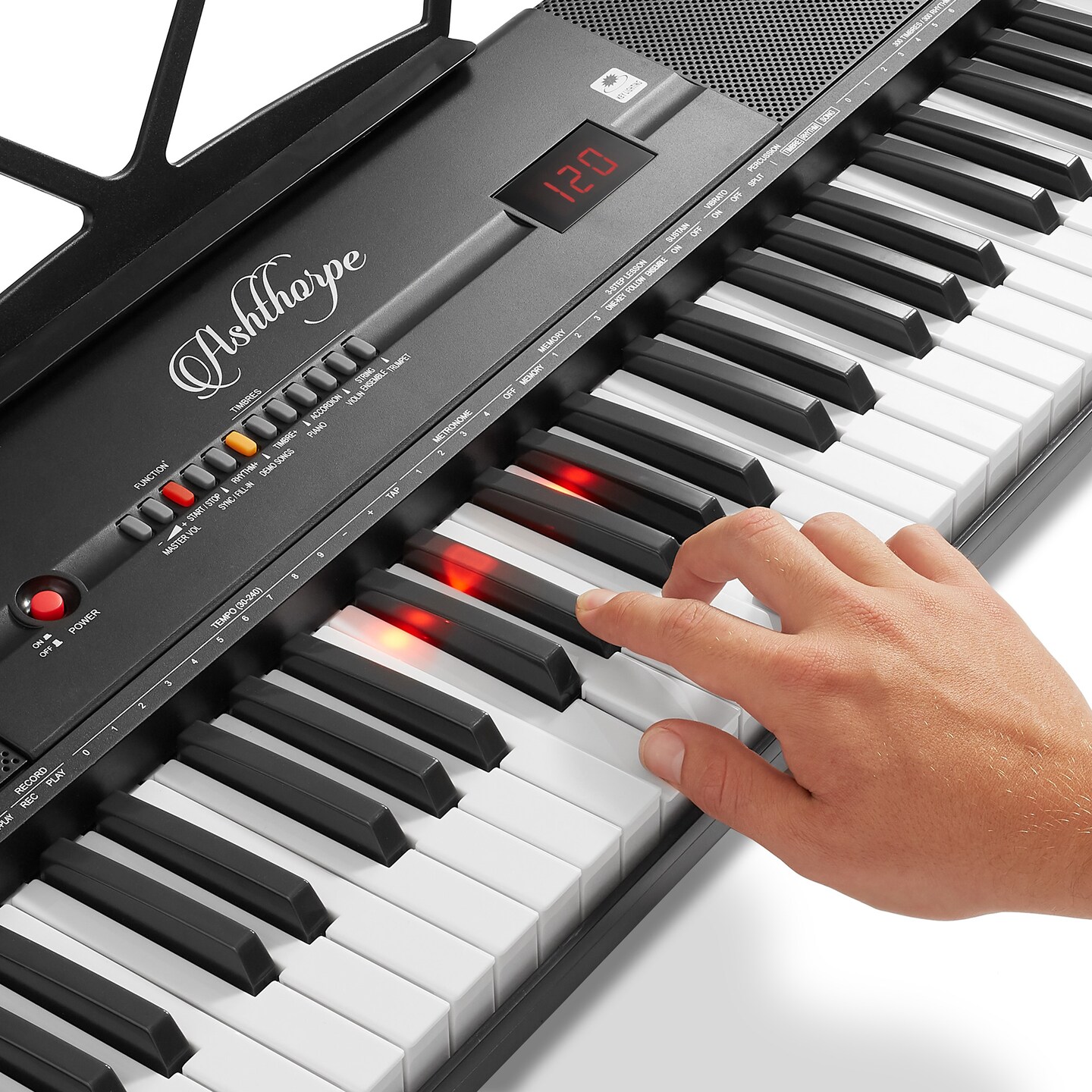 Ashthorpe 61-Key Digital Keyboard Piano with Lighted Keys, Stand, and Bench, Portable Electronic Piano Keyboard Kit with Headphones and Microphone