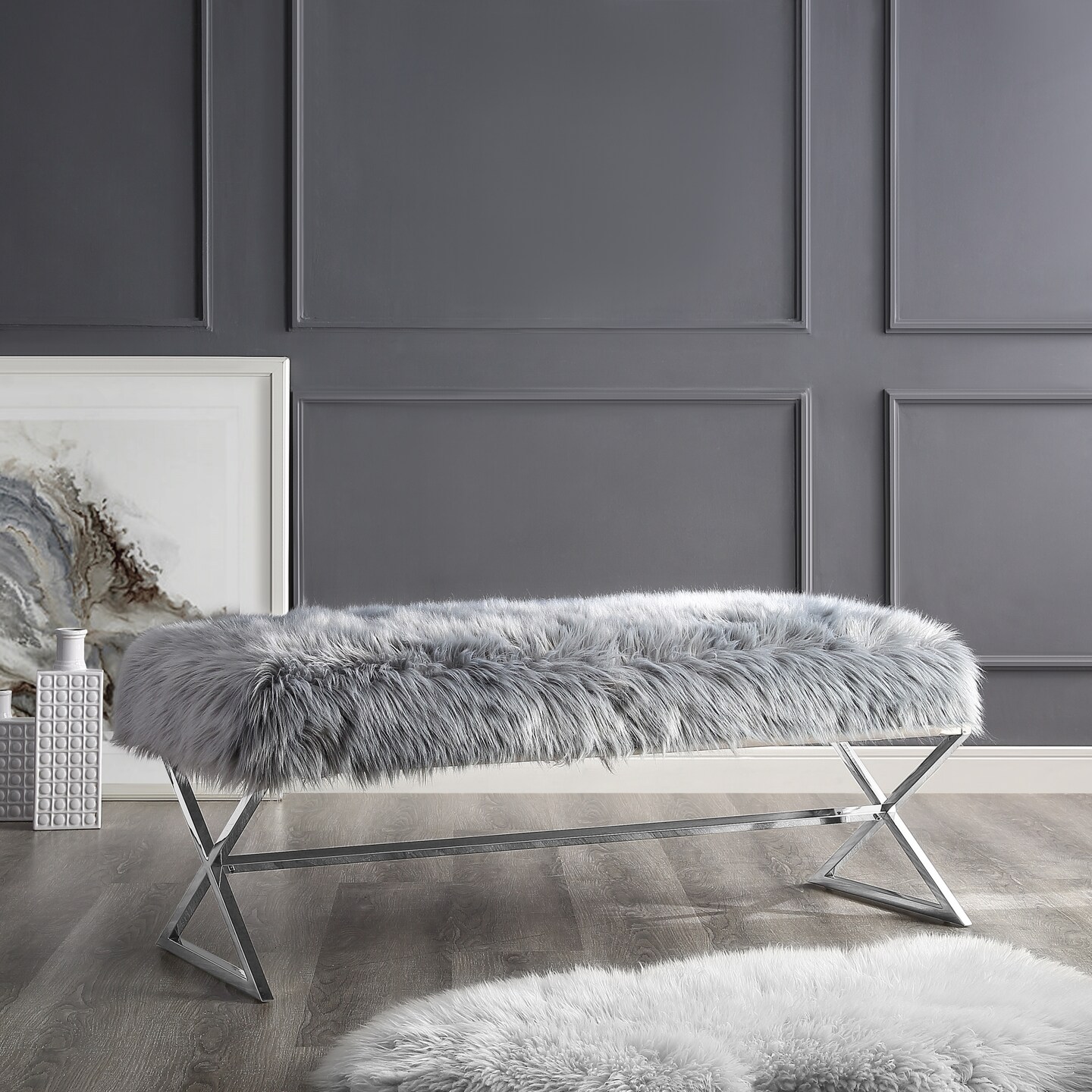 Elora Faux Fur/Velvet Upholstered Metal X-Leg Bench With Chrome/Gold Base