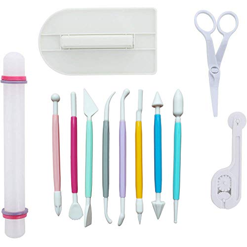 Marshmallow Fondant Cake Decorating Hand Tool 12 Pcs 5 Sets Sugarcraft Gumpaste Icing Smoother Rolling Pin Trimmer Cutter Embosser Flower Scissor Modelling Accessories Supplies Kit Multi