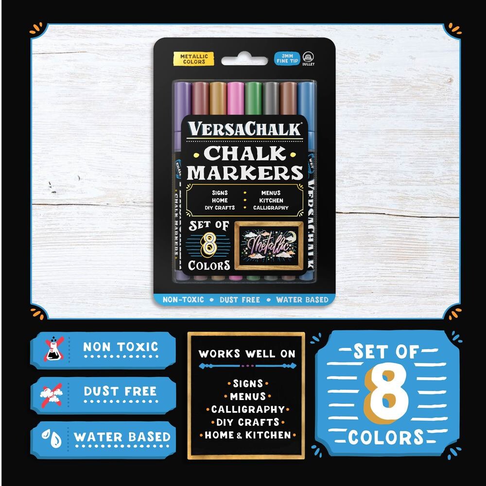 VersaChalk Metallic Liquid Chalk Markers for Chalkboards, Set of 8 - 3mm Fine Tip