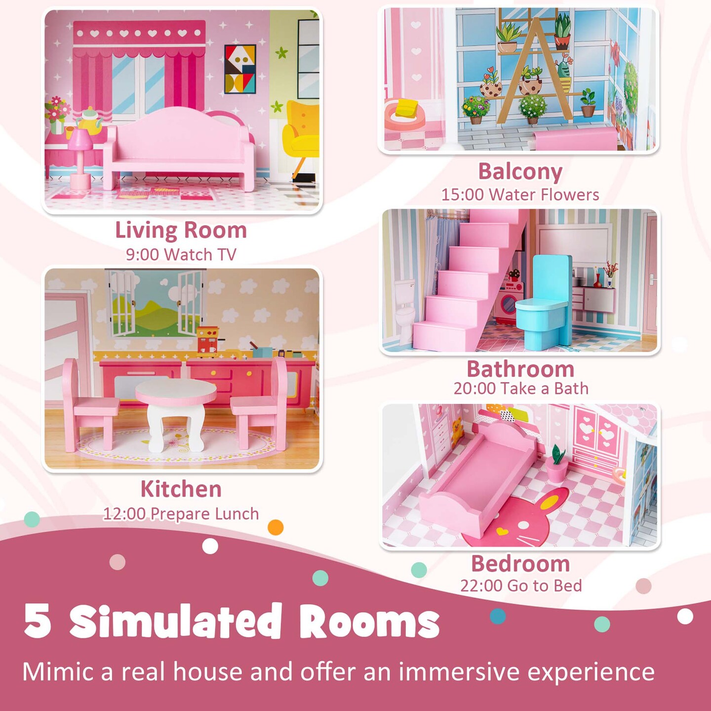 Costway Kids Wooden Dollhouse Playset with 5 Simulated Rooms &#x26; 10 Pieces of Furniture