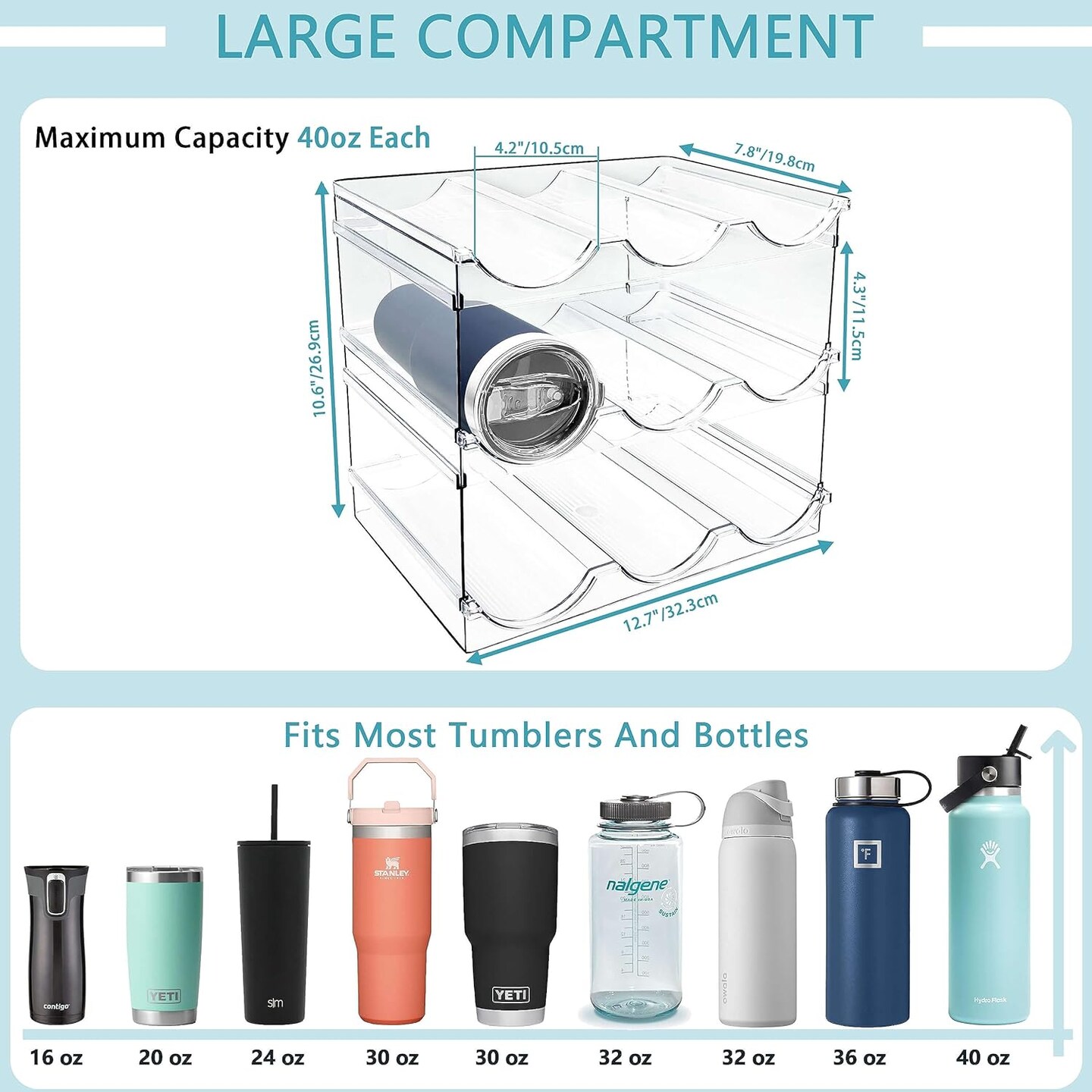[ Large Compartment ] 3 Pack Water Bottle Organizer, Stackable Kitchen Home Organization and Storage Shelf, Plastic Water Bottle Holder for Fridge Cupboard Pantry Organizer, Tumbler Mug Cup Organizer
