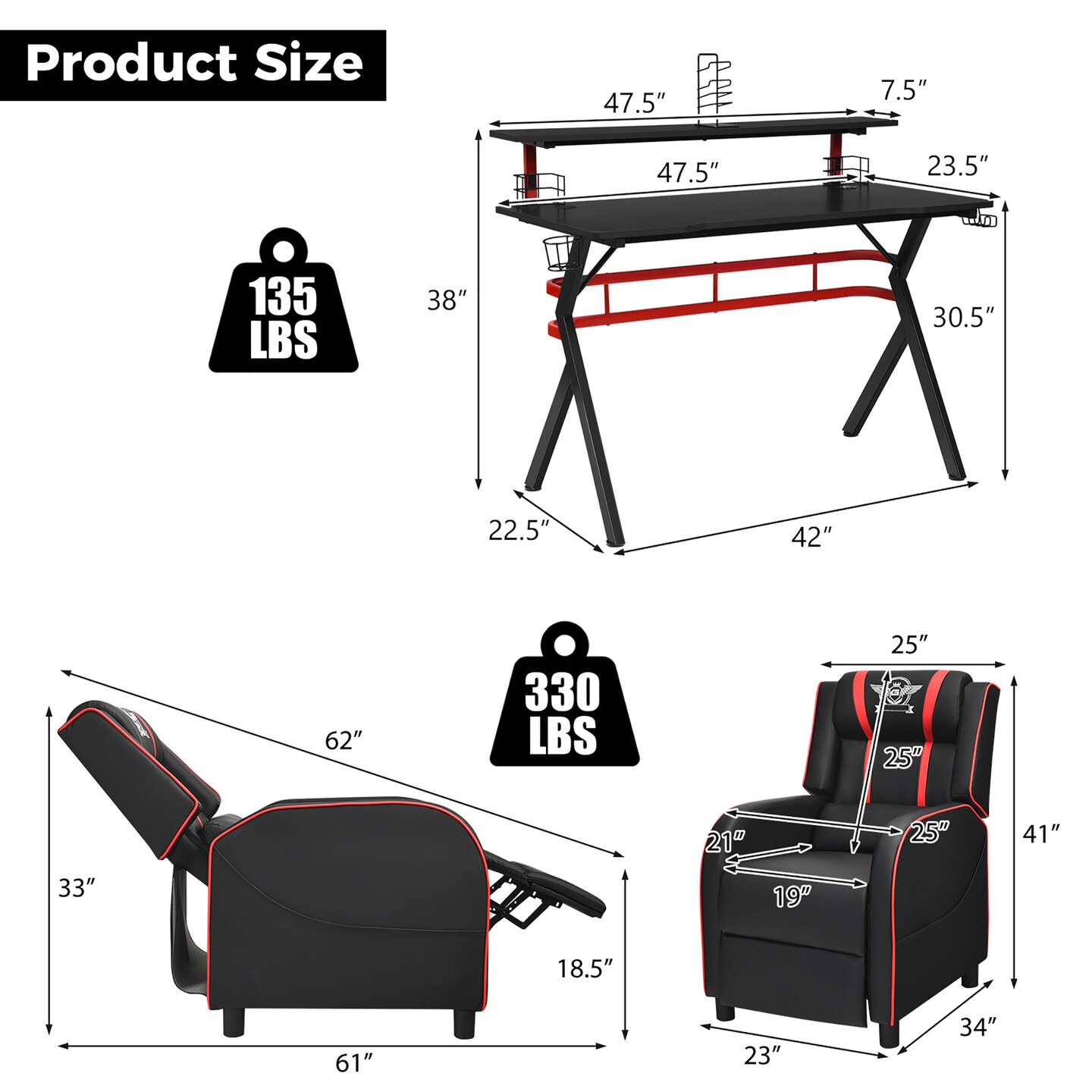 Costway Gaming Desk & Chair Set 48'' Computer Desk & Massage Recliner Chair Black + White/Blue/Pink/Red