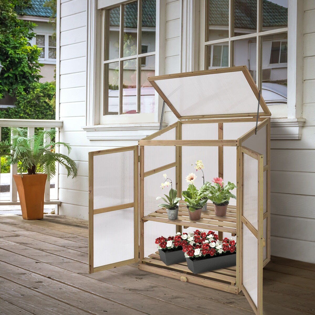 Garden Portable Wooden Raised Plants Greenhouse with Double Shelves
