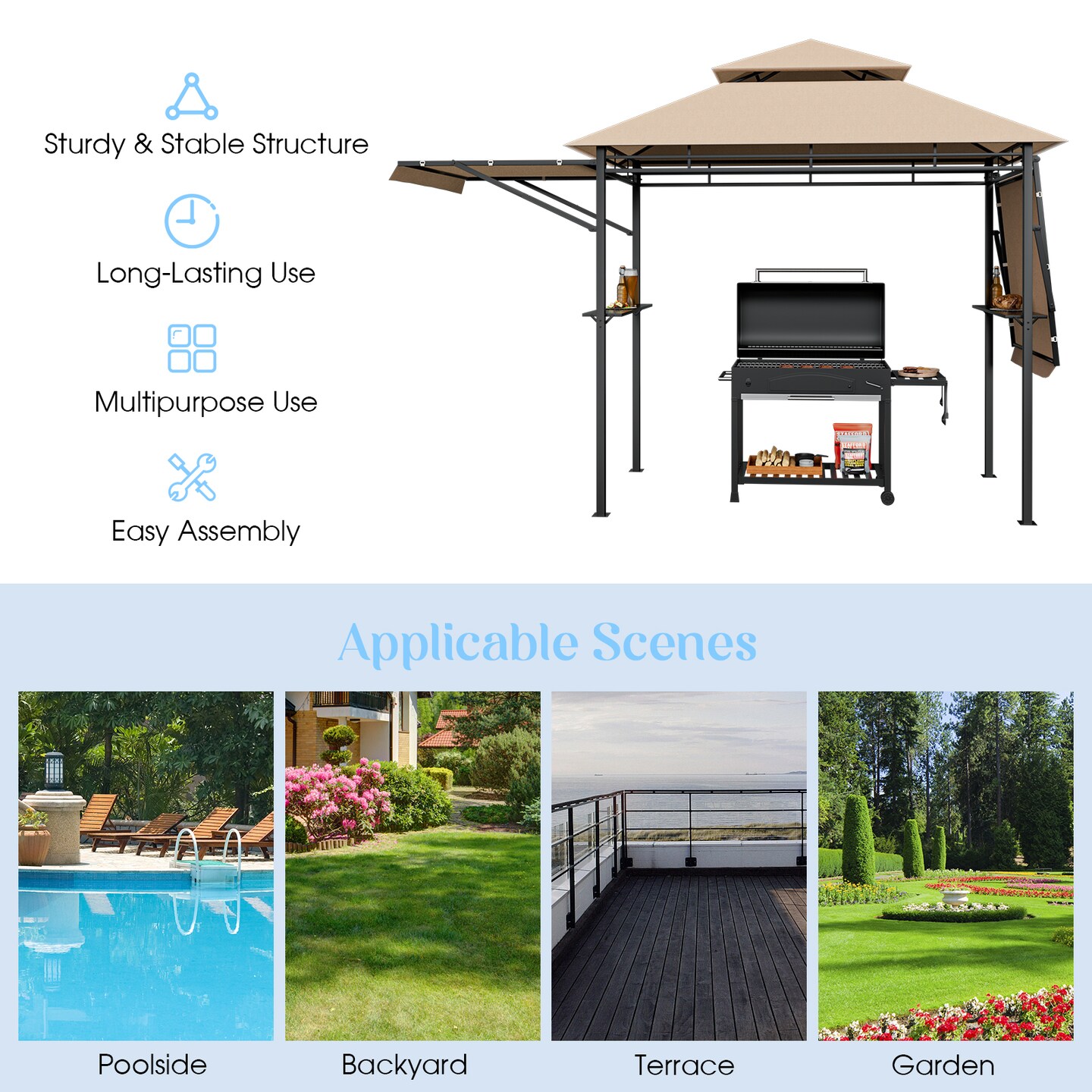 Beige BBQ Grill Gazebo Outdoor Canopy 13.5' x 4' Dual Side Awnings Steel Frame