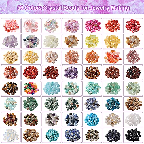 1800 pieces 56 Colors Crystal Beads, Ring Making Kit, Gemstone Chip Beads Irregular Natural Stone with Jewelry Making Supplies for DIY Craft Bracelet Necklace Earrings, Craft Gifts