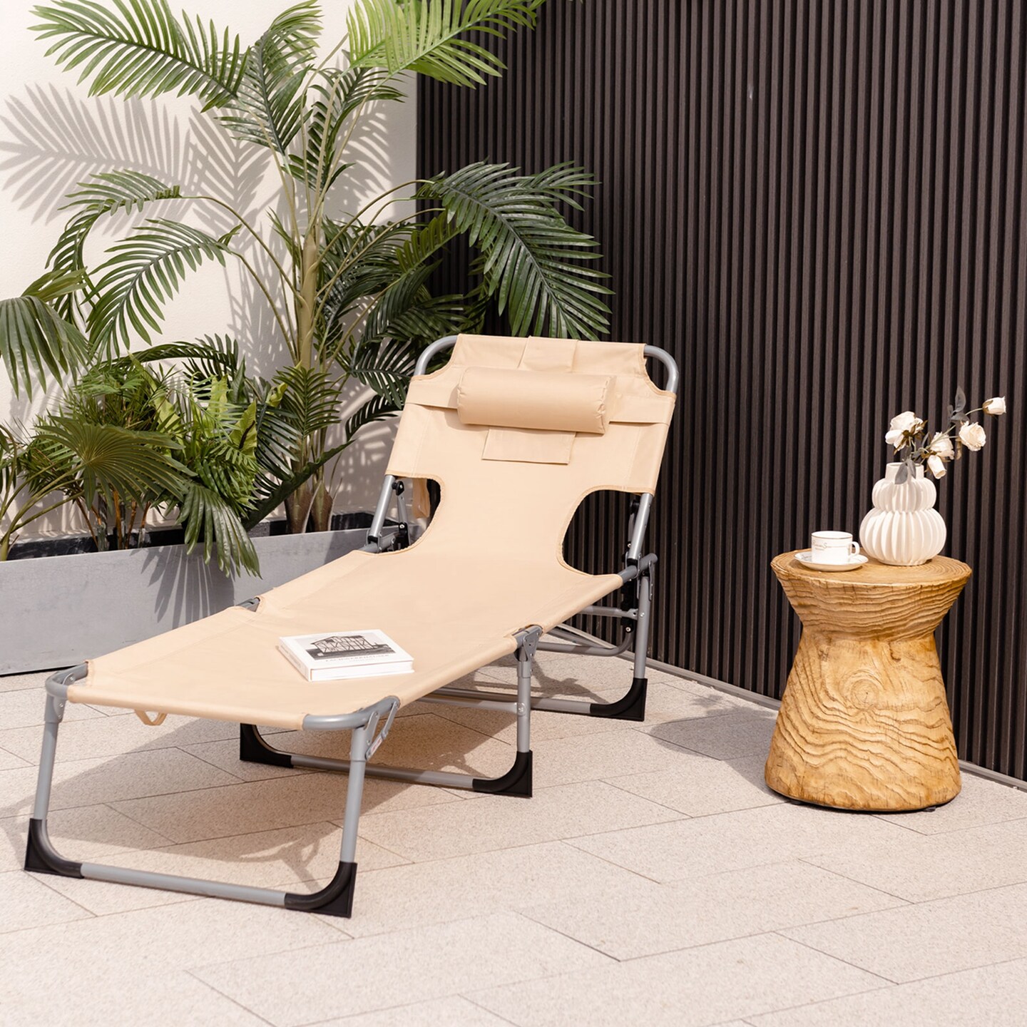 Goplus 2PCS Outdoor Beach Lounge Chair Folding Chaise Lounge with Pillow Beige