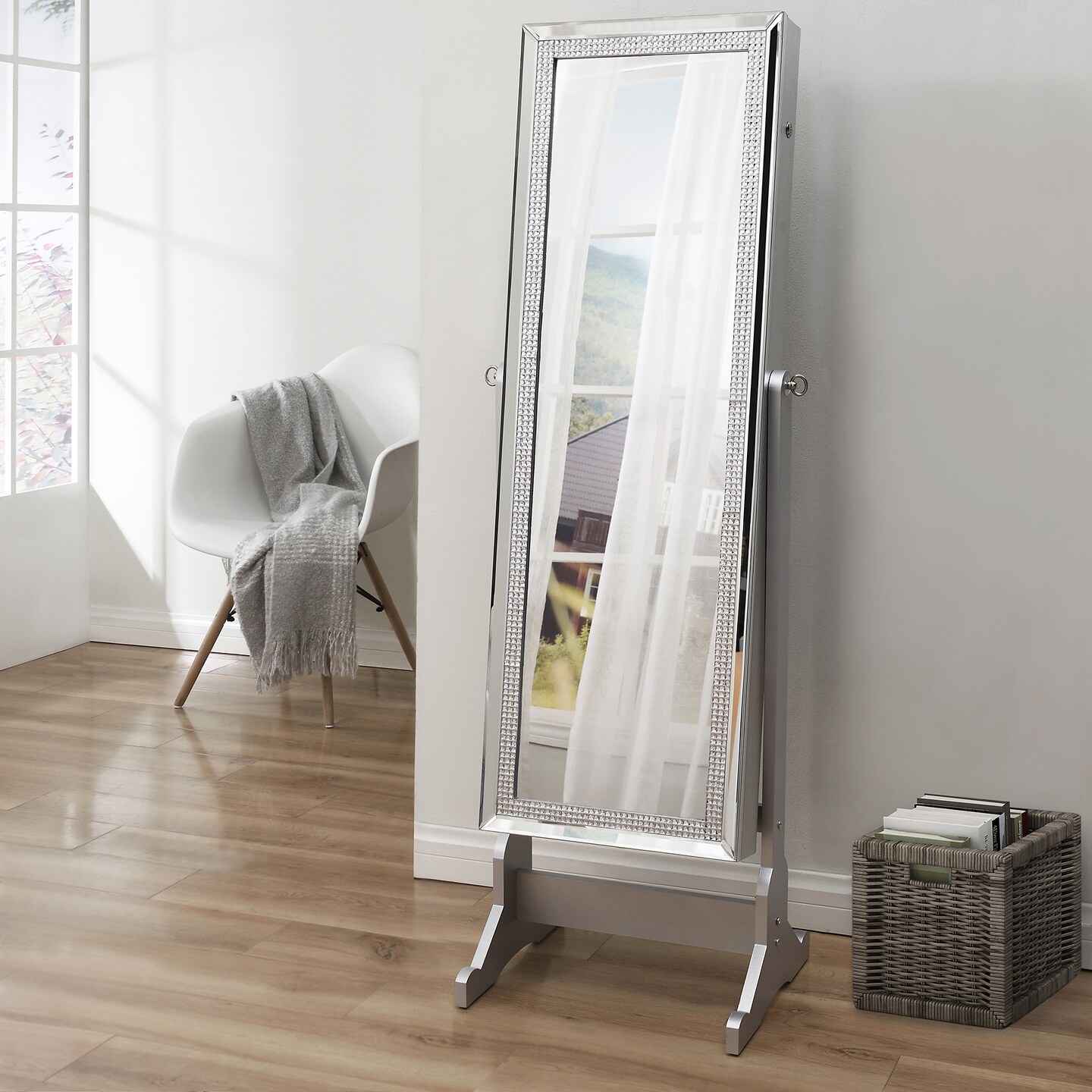 Shimmer Crystal Border Cheval Mirror Jewelry Armoire with LED Lights