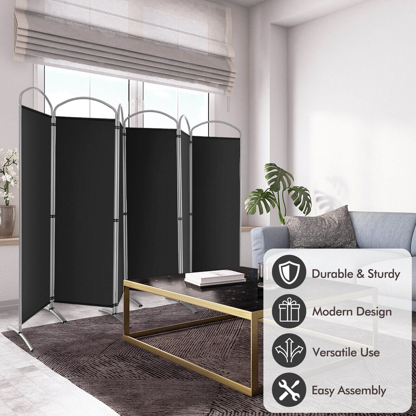 Extra Wide 6-Panel Folding Room Divider Privacy Screen with Metal Frame for Office or Bedroom