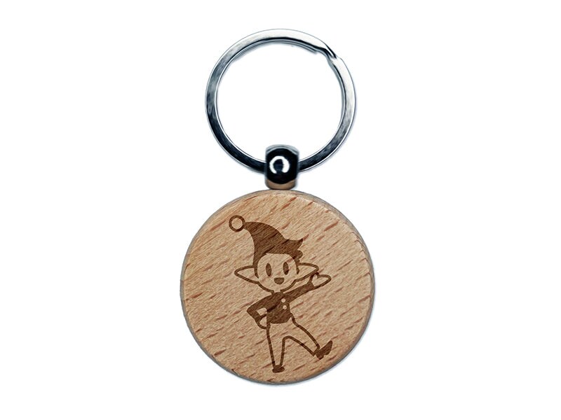 Cheerful Waving Christmas Elf Engraved Wood Round Keychain Tag Charm