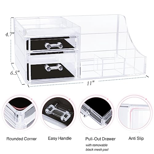 Clear Makeup Organizer with Drawers, Bathroom Countertop Organizer and Storage, Ideal for Dorm Room Desk Dresser Vanity, Great for Cosmetics, Toiletries, Skincare, Brush, Nail Supplies