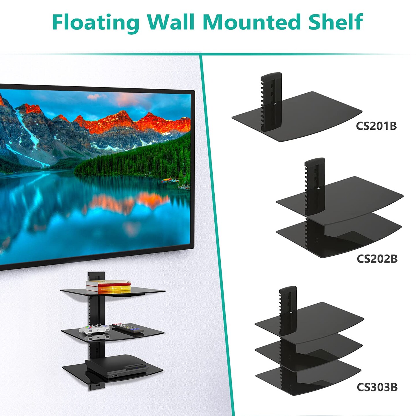 Floating Entertainment Center Shelves, Holds Up to 17.6lbs, TV Shelf with Strengthened Tempered Glasses for DVD Players, Cable Boxes, Games Consoles, TV Accessories (CS303B), 3 Shelf, Black