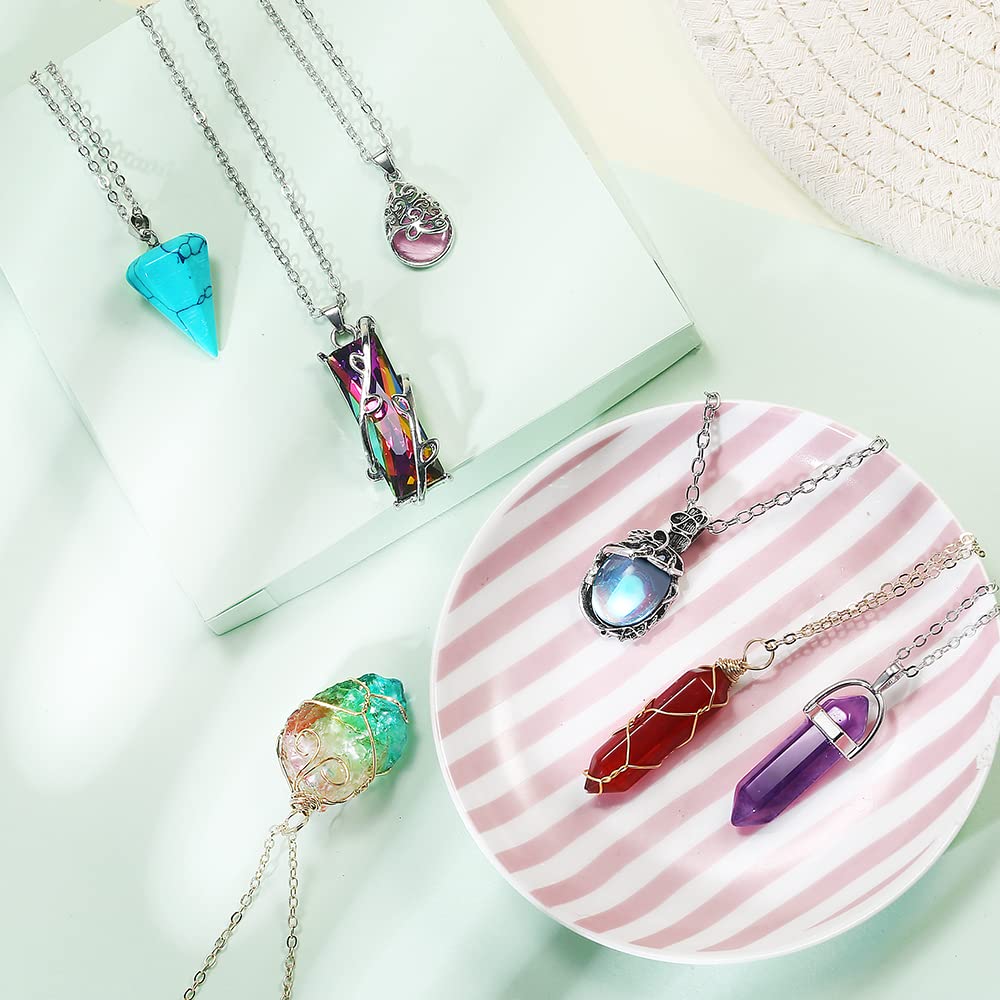 14 Pcs Vintage Crystal Pendant Necklaces for Women Girls Chakra Healing Carnelian Necklace Bohemian Retro Sunflower Necklace Sun and Moon Pendants