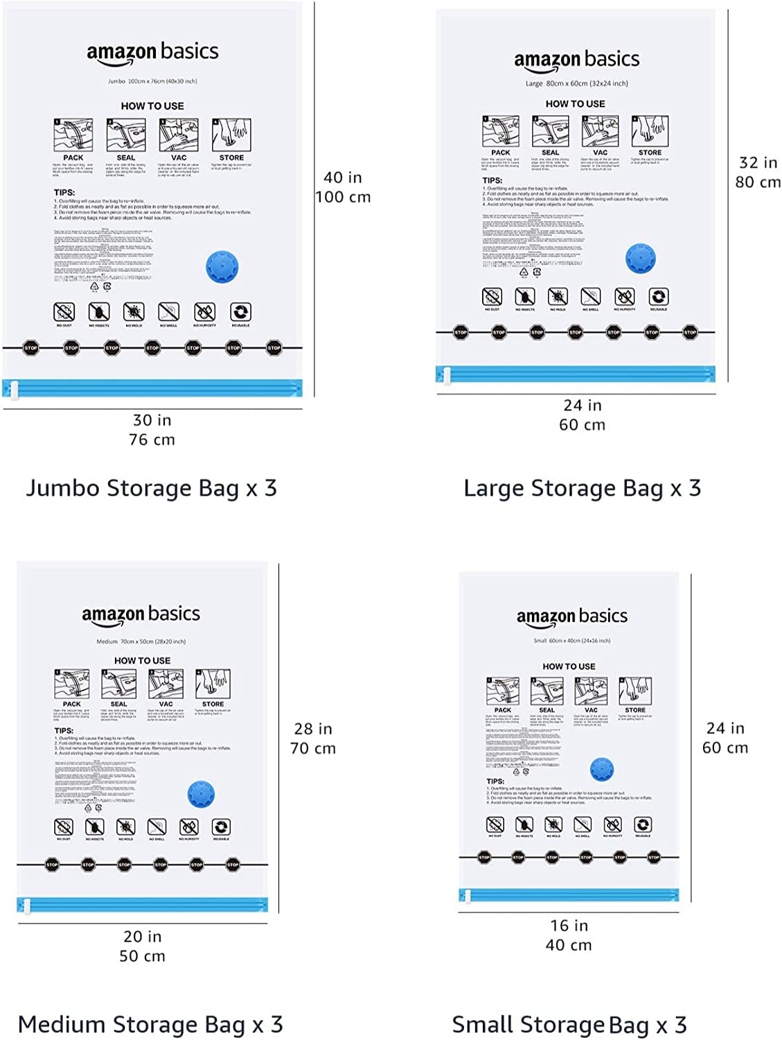 Vacuum Compression Storage Bags with Hand Pump, Multiple Pack of 12 (3 Jumbo, 3 Large, 3 Medium, 3 Small)