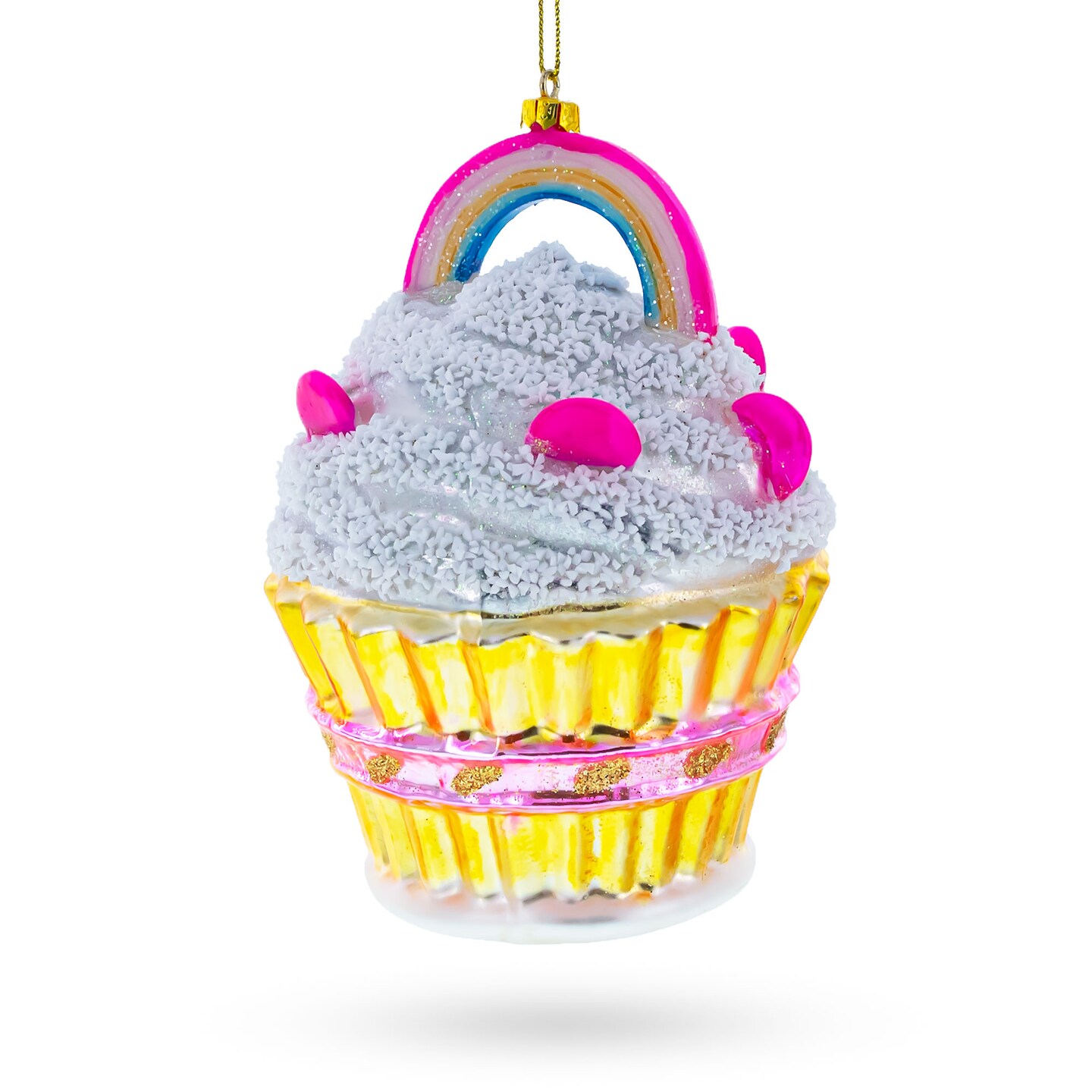 Delightful Sprinkled Cupcake with Rainbow Blown Glass Christmas Ornament