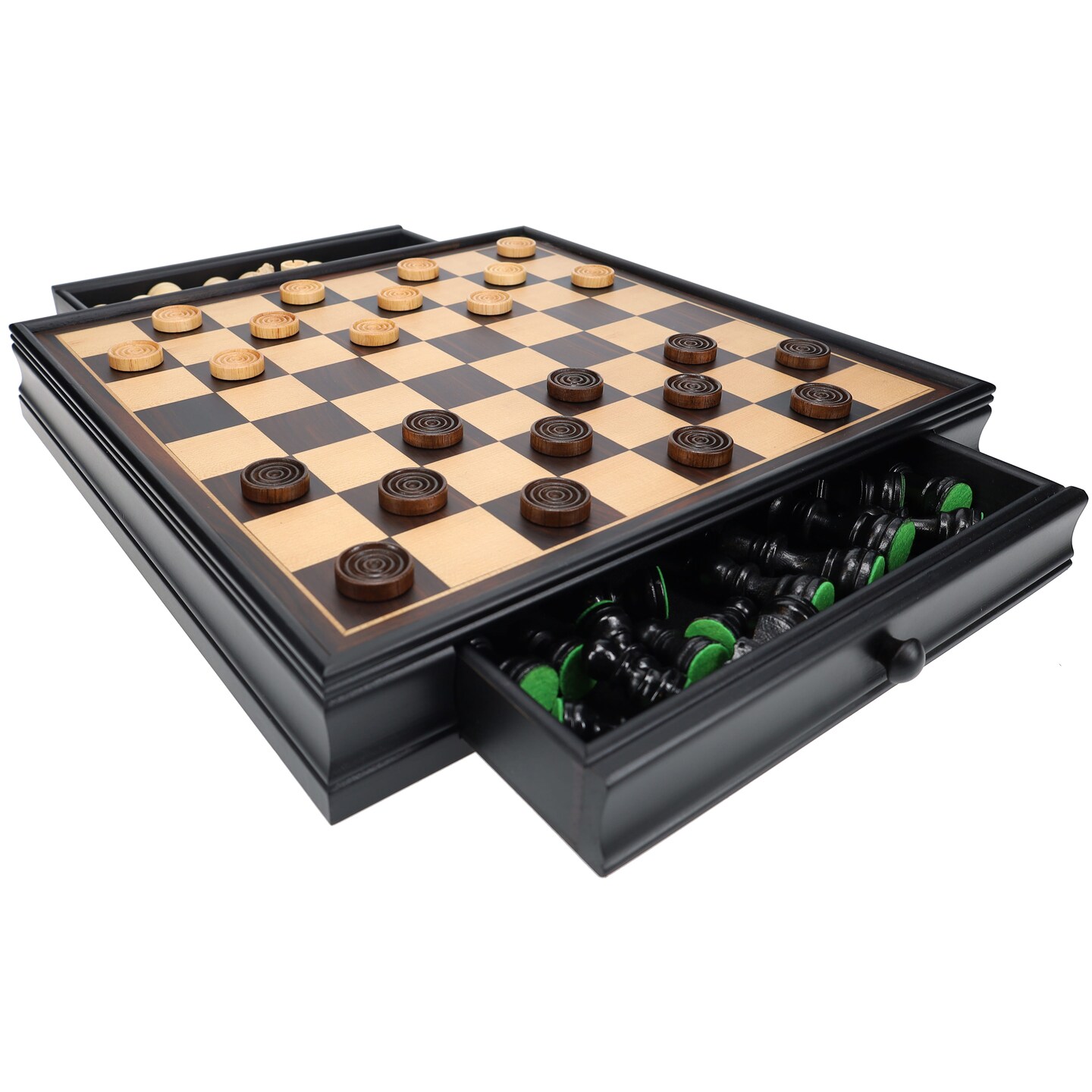 WE Games French Staunton Chess &#x26; Checkers Set - Weighted Pieces, Black Stained Wooden Board with Storage Drawers - 15 in.