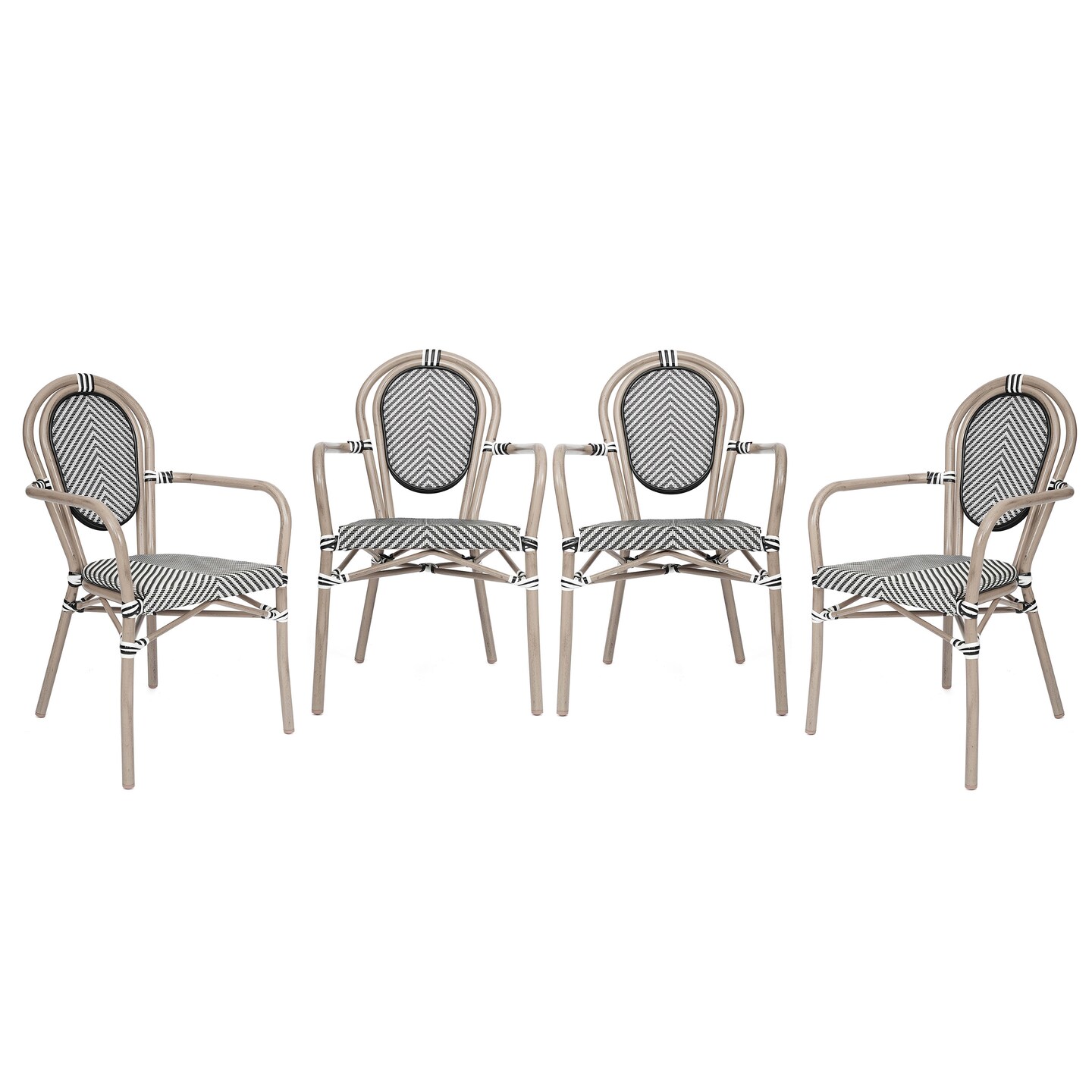 Merrick Lane Mael Set of Four Stacking Thonet Bistro Style Chair with Arms, Textilene Seat, and Bamboo Finished Metal Frame for Indoor/Outdoor Use