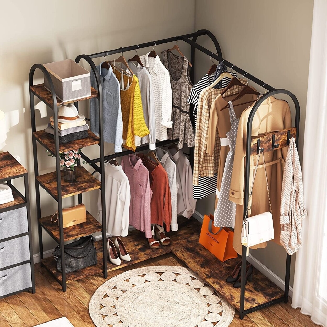 Tribesigns   L Shape Clothes Rack Corner Garment Rack with Storage Shelves and Hanging Rods Space-Saving Large Open