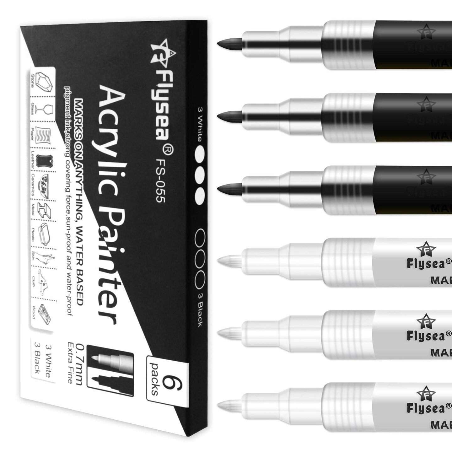 EBOT Acrylic Paint Pen White Black, 6 Pack Black Paint Markers for Rock Wood Fabric Plastic Leather Glass Stone Metal Canvas,Water-Based Acrylic Paint Sets