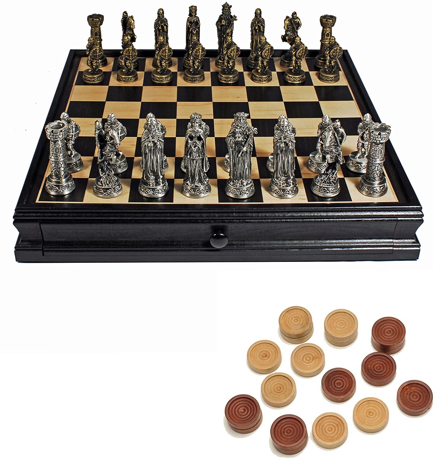 WE Games Medieval Chess &#x26; Checkers Game Set - Pewter Chessmen &#x26; Black Stained Wood Board with Storage Drawers 15 in.