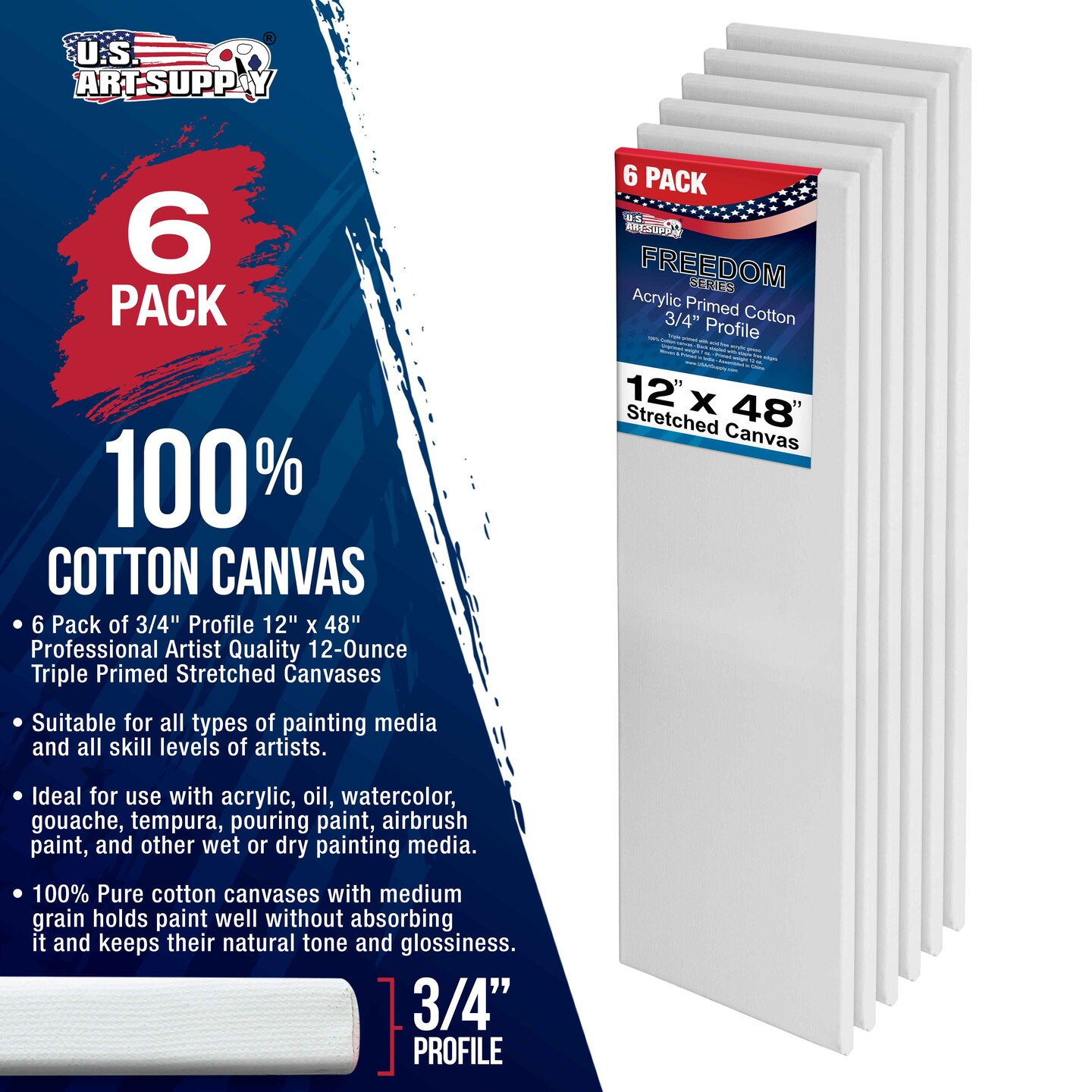 12 x 48 inch Stretched Canvas 12-Ounce Triple Primed, 6-Pack - Professional Artist Quality White Blank 3/4&#x22; Profile, 100% Cotton, Heavy-Weight Gesso