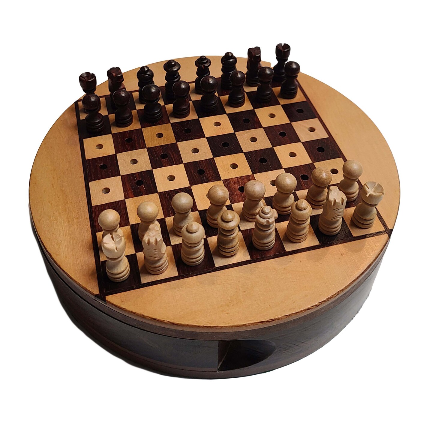 WE Games Round Wooden Travel Chess Set with Pegged Chess Pieces &#xFFFD; 6 inches