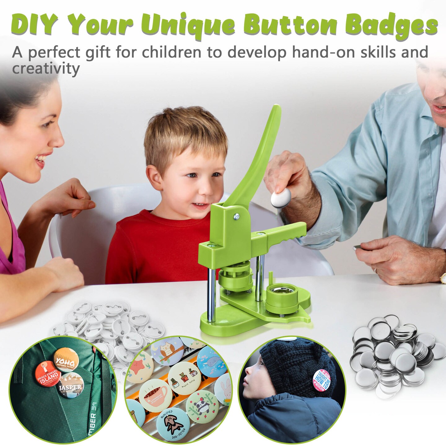 Button Maker Machine Set with 100 Button Parts and Cutter | Create Custom Badges