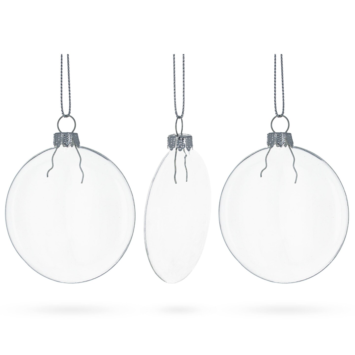 Set of 3 Flat Disc Clear - Blown Glass Christmas Ornaments 3.7 Inches (94 mm)