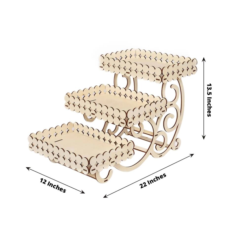 22 in Natural 3 Tier Laser Cut Rectangle Wooden Cupcake Dessert Stand