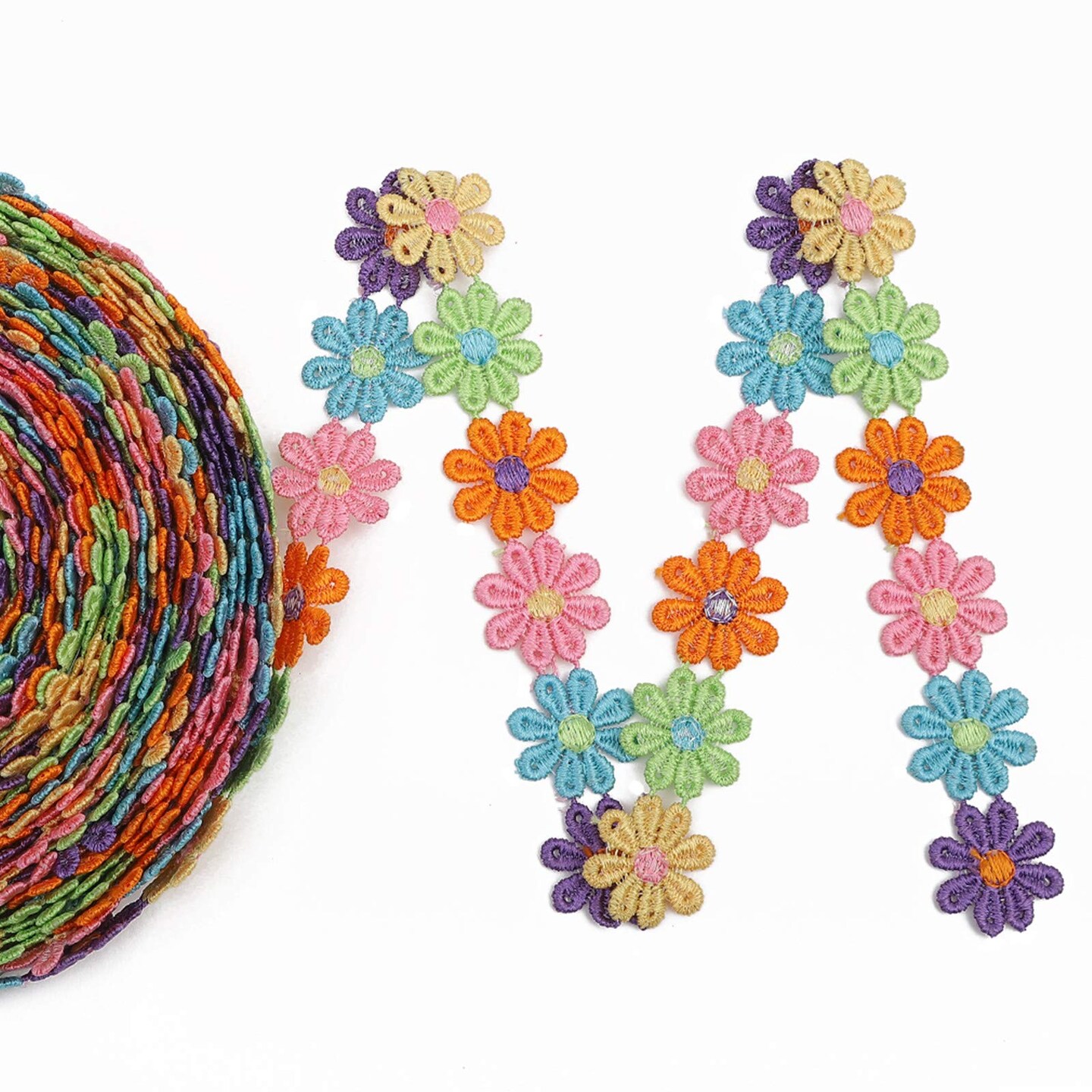 Colorful Daisy Flower Lace Trim Knitting Wedding Embroidered DIY Handmade Patchwork Ribbon Sewing Supplies Crafts 2.5CM Wide 7Yards/Lot