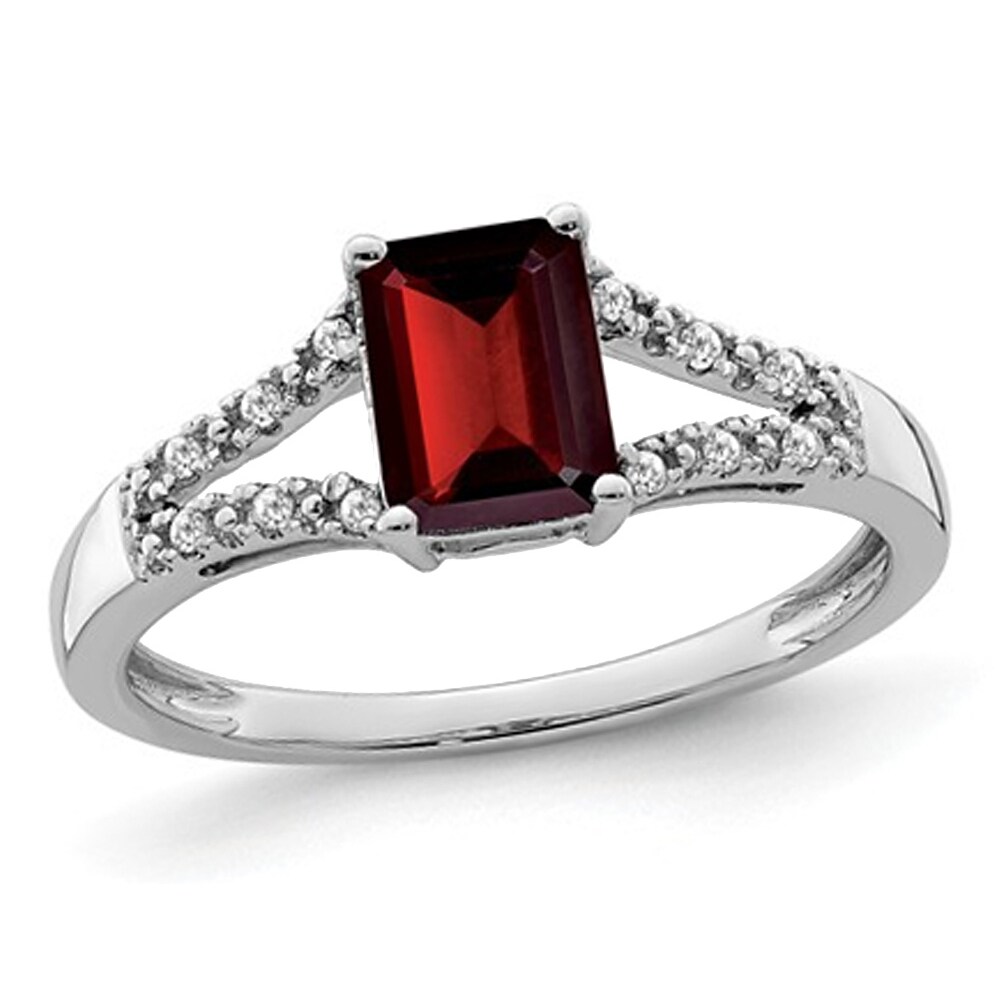 Gem And Harmony 1.25 Carat (ctw) Emerald-Cut Garnet Ring in 14K White Gold with Accent Diamonds
