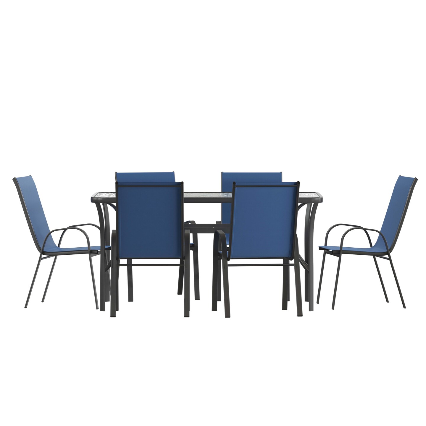 Merrick Lane Bardwell 7 Piece Outdoor Dining Table Set for 6 with Glass-Top Patio Table and 6 Stack Chairs with Flex Comfort Material