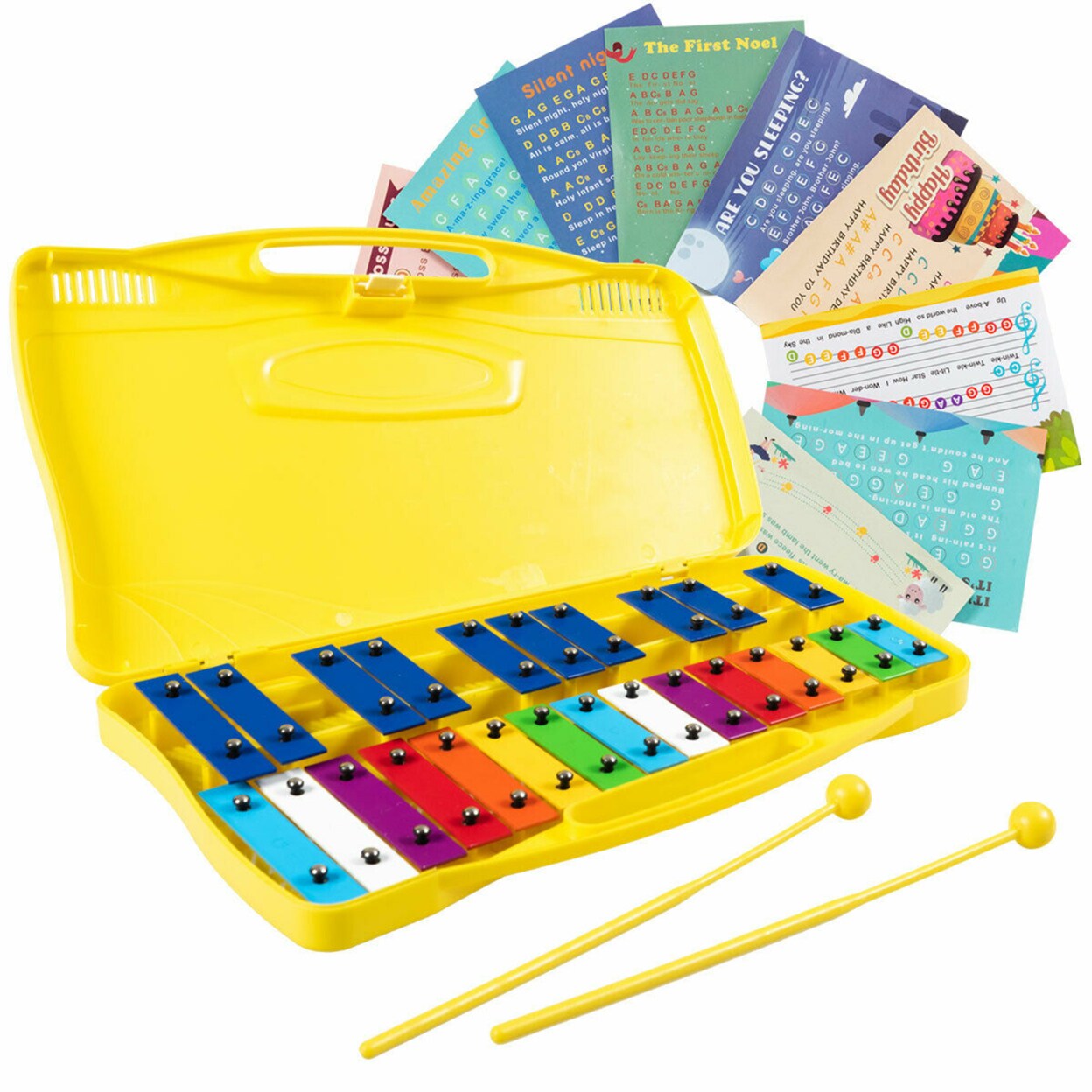 25 Notes Kids Glockenspiel Chromatic Metal Xylophone W/Yellow Case And 2 Mallets