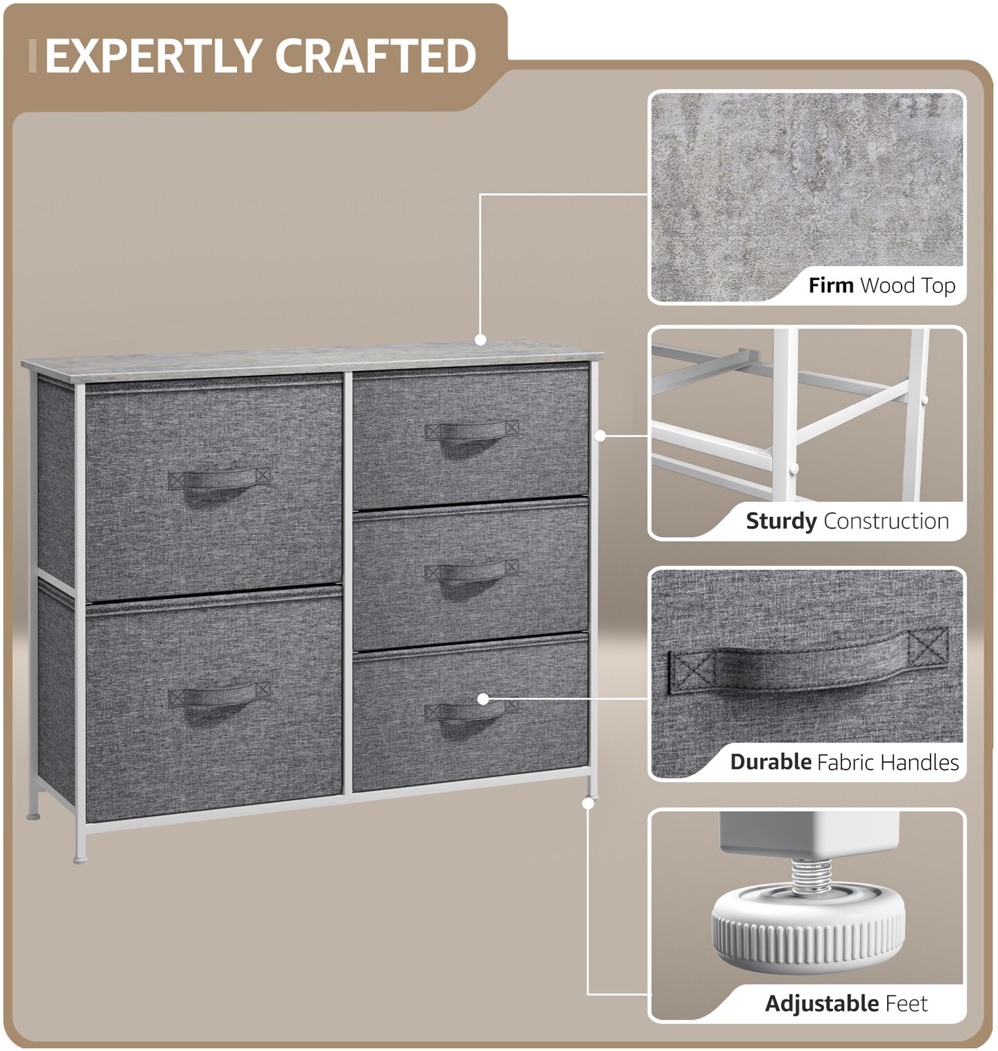 Sorbus Dresser with 5 Drawers - Storage Chest Organizer with Steel Frame, Wood Top, Handles, Fabric Bins