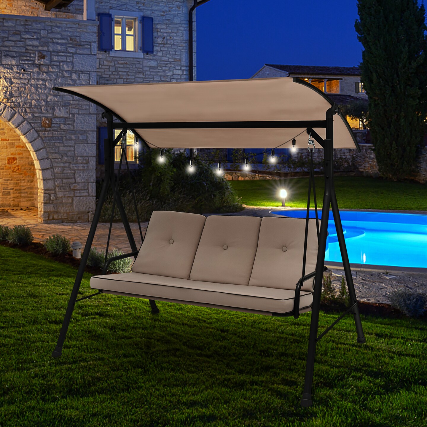 Costway 3-Person Hammock Chair Patio Porch Swing with Adjustable Canopy, Removable Cushion